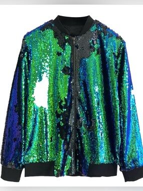 Iridescent Sequin Bomber Jacket - Green & Blue